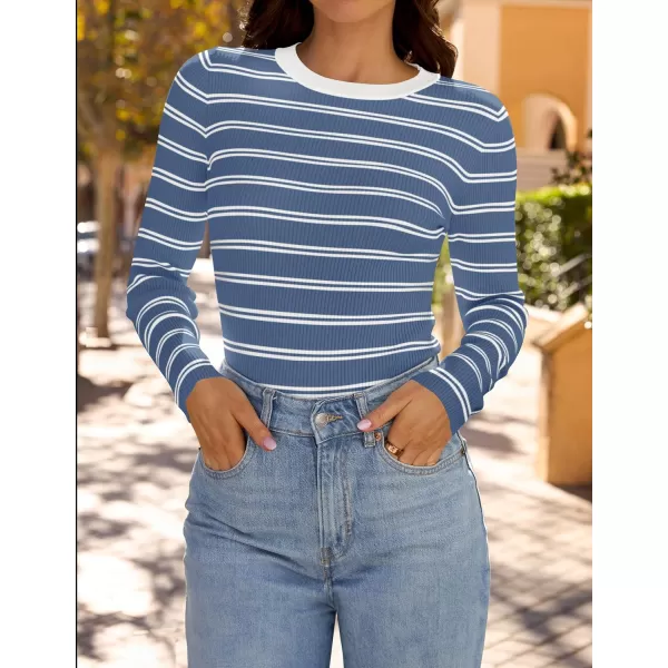 ZESICA Womens Long Sleeve Crewneck Striped Shirts 2024 Fall Sweater Ribbed Knit Slim Fit Basic Casual Tee TopsBlue