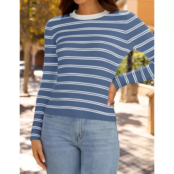 ZESICA Womens Long Sleeve Crewneck Striped Shirts 2024 Fall Sweater Ribbed Knit Slim Fit Basic Casual Tee TopsBlue