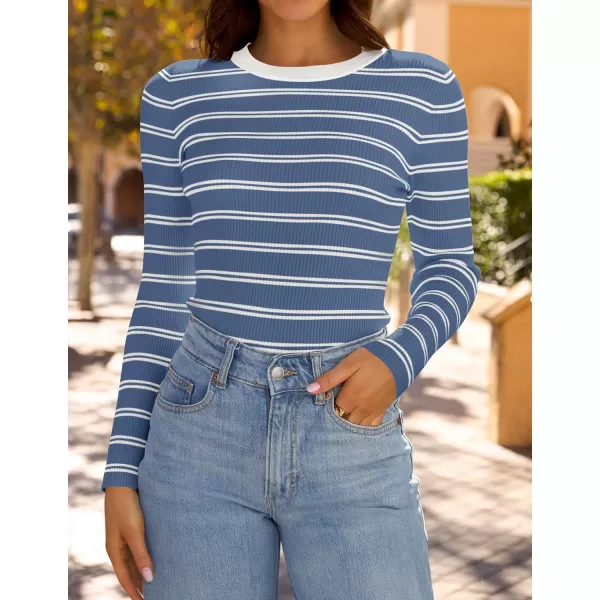ZESICA Womens Long Sleeve Crewneck Striped Shirts 2024 Fall Sweater Ribbed Knit Slim Fit Basic Casual Tee TopsBlue