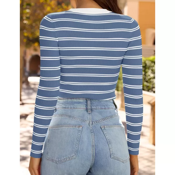 ZESICA Womens Long Sleeve Crewneck Striped Shirts 2024 Fall Sweater Ribbed Knit Slim Fit Basic Casual Tee TopsBlue