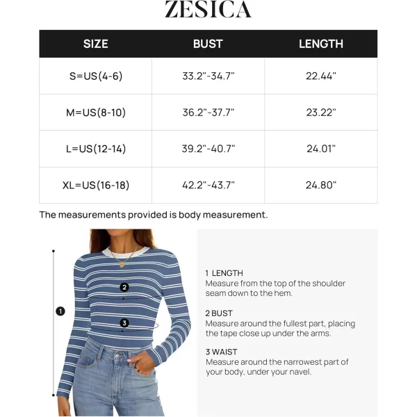 ZESICA Womens Long Sleeve Crewneck Striped Shirts 2024 Fall Sweater Ribbed Knit Slim Fit Basic Casual Tee TopsBlue