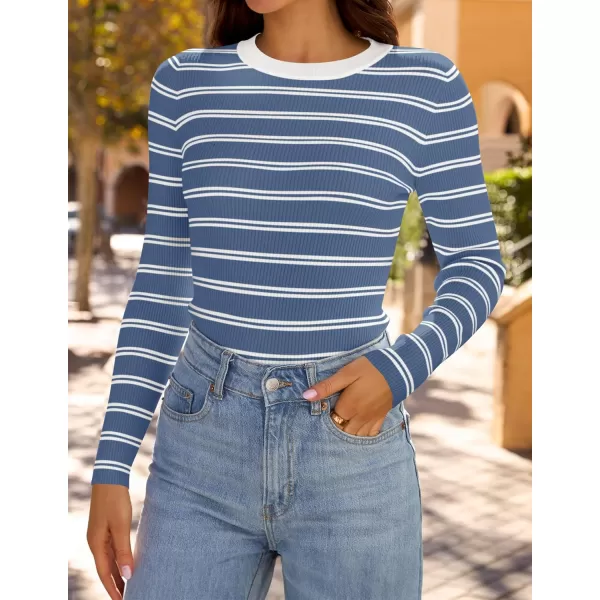 ZESICA Womens Long Sleeve Crewneck Striped Shirts 2024 Fall Sweater Ribbed Knit Slim Fit Basic Casual Tee TopsBlue