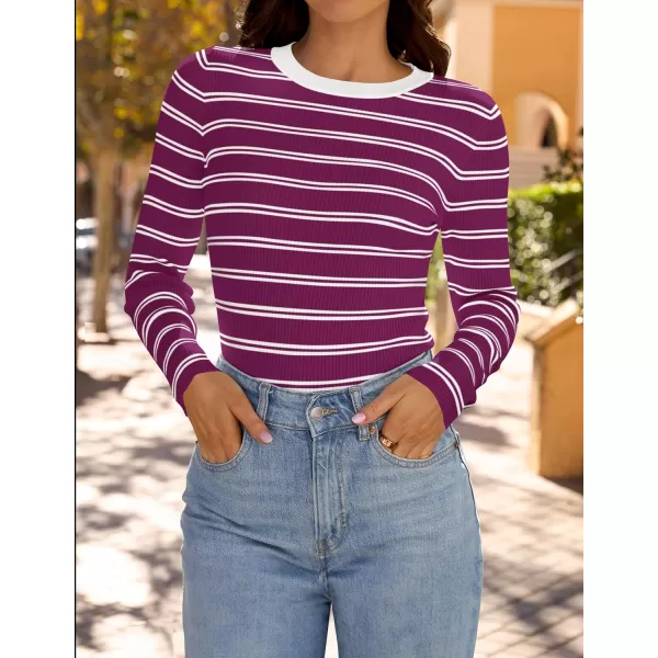 ZESICA Womens Long Sleeve Crewneck Striped Shirts 2024 Fall Sweater Ribbed Knit Slim Fit Basic Casual Tee TopsFuchsia