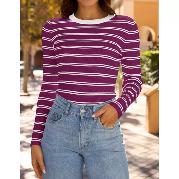 ZESICA Womens Long Sleeve Crewneck Striped Shirts 2024 Fall Sweater Ribbed Knit Slim Fit Basic Casual Tee TopsFuchsia
