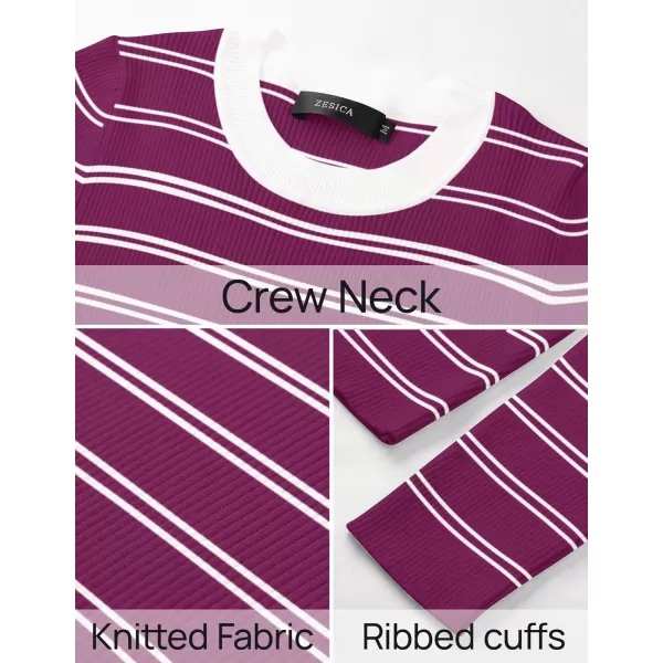 ZESICA Womens Long Sleeve Crewneck Striped Shirts 2024 Fall Sweater Ribbed Knit Slim Fit Basic Casual Tee TopsFuchsia