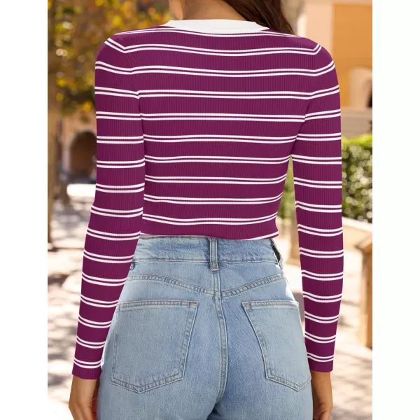 ZESICA Womens Long Sleeve Crewneck Striped Shirts 2024 Fall Sweater Ribbed Knit Slim Fit Basic Casual Tee TopsFuchsia