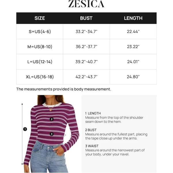 ZESICA Womens Long Sleeve Crewneck Striped Shirts 2024 Fall Sweater Ribbed Knit Slim Fit Basic Casual Tee TopsFuchsia