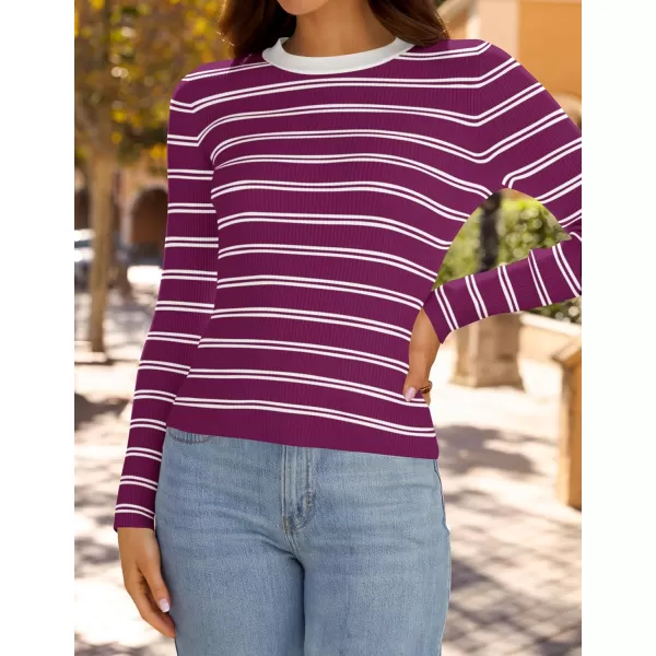 ZESICA Womens Long Sleeve Crewneck Striped Shirts 2024 Fall Sweater Ribbed Knit Slim Fit Basic Casual Tee TopsFuchsia