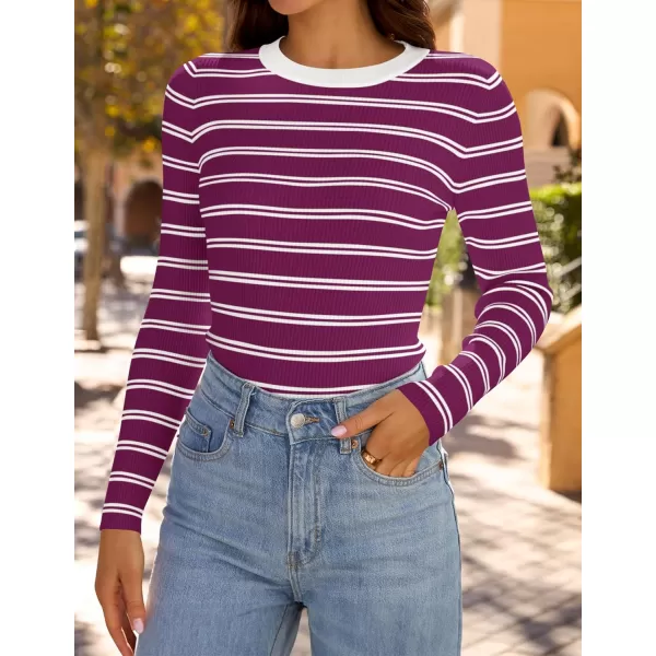 ZESICA Womens Long Sleeve Crewneck Striped Shirts 2024 Fall Sweater Ribbed Knit Slim Fit Basic Casual Tee TopsFuchsia