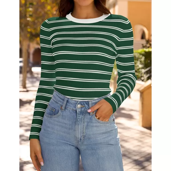 ZESICA Womens Long Sleeve Crewneck Striped Shirts 2024 Fall Sweater Ribbed Knit Slim Fit Basic Casual Tee TopsGreen