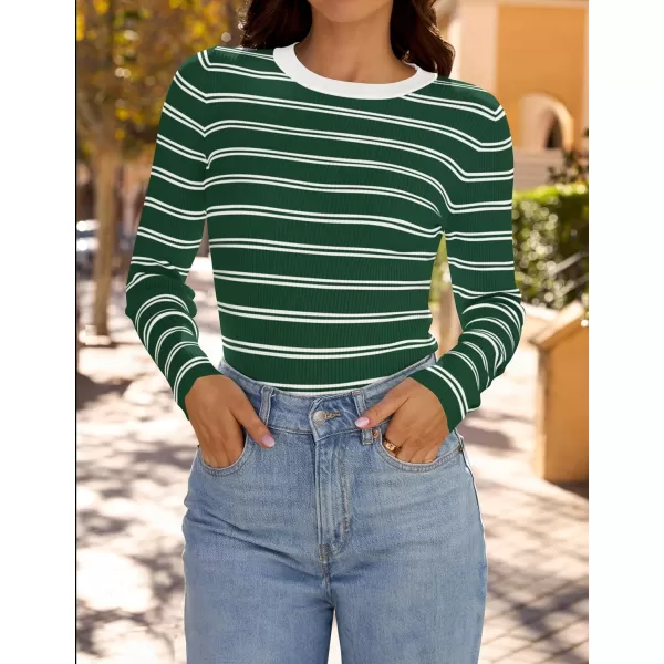 ZESICA Womens Long Sleeve Crewneck Striped Shirts 2024 Fall Sweater Ribbed Knit Slim Fit Basic Casual Tee TopsGreen