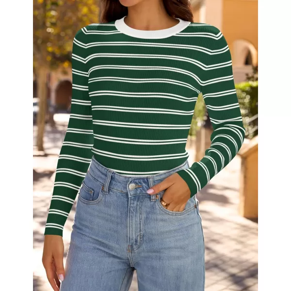 ZESICA Womens Long Sleeve Crewneck Striped Shirts 2024 Fall Sweater Ribbed Knit Slim Fit Basic Casual Tee TopsGreen