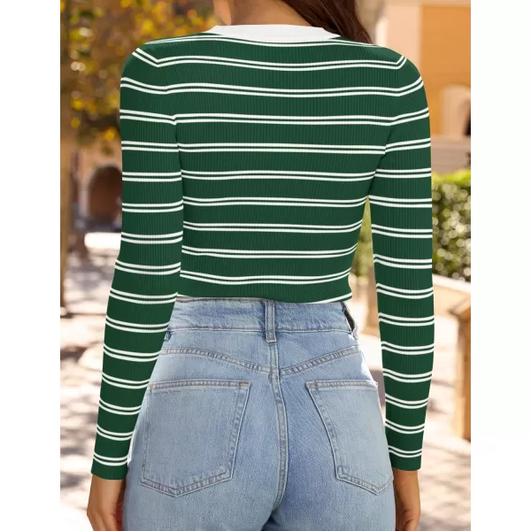 ZESICA Womens Long Sleeve Crewneck Striped Shirts 2024 Fall Sweater Ribbed Knit Slim Fit Basic Casual Tee TopsGreen