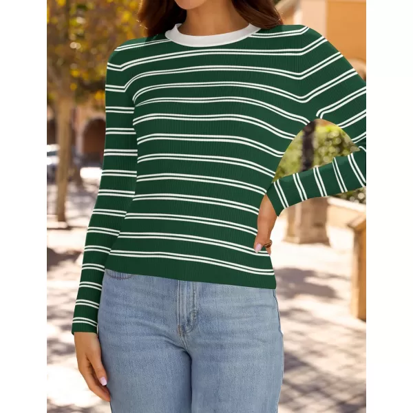 ZESICA Womens Long Sleeve Crewneck Striped Shirts 2024 Fall Sweater Ribbed Knit Slim Fit Basic Casual Tee TopsGreen