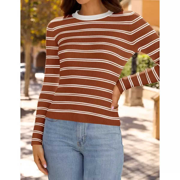 ZESICA Womens Long Sleeve Crewneck Striped Shirts 2024 Fall Sweater Ribbed Knit Slim Fit Basic Casual Tee TopsRust