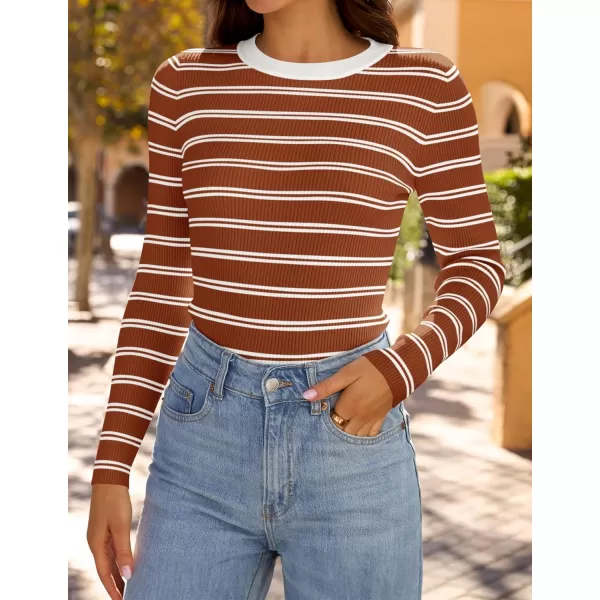 ZESICA Womens Long Sleeve Crewneck Striped Shirts 2024 Fall Sweater Ribbed Knit Slim Fit Basic Casual Tee TopsRust