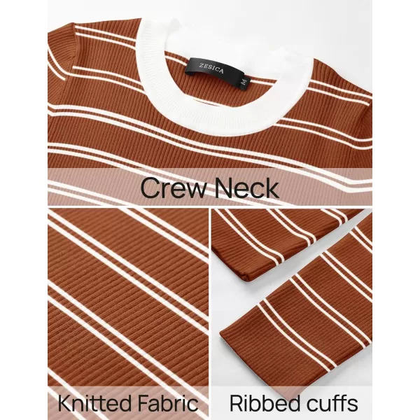 ZESICA Womens Long Sleeve Crewneck Striped Shirts 2024 Fall Sweater Ribbed Knit Slim Fit Basic Casual Tee TopsRust