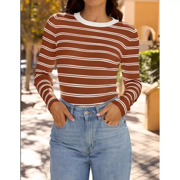 ZESICA Womens Long Sleeve Crewneck Striped Shirts 2024 Fall Sweater Ribbed Knit Slim Fit Basic Casual Tee TopsRust