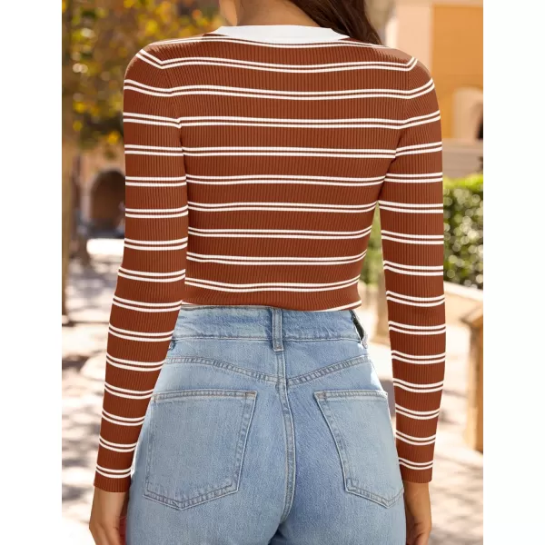 ZESICA Womens Long Sleeve Crewneck Striped Shirts 2024 Fall Sweater Ribbed Knit Slim Fit Basic Casual Tee TopsRust