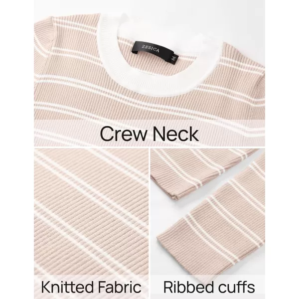 ZESICA Womens Long Sleeve Crewneck Striped Shirts 2024 Fall Sweater Ribbed Knit Slim Fit Basic Casual Tee TopsSand
