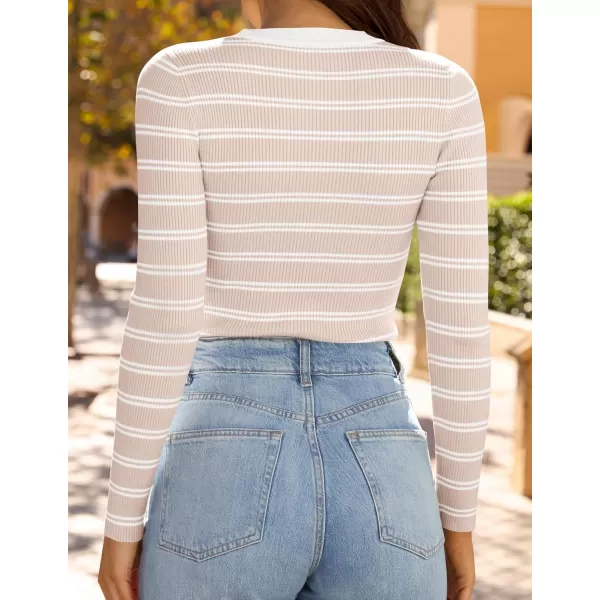 ZESICA Womens Long Sleeve Crewneck Striped Shirts 2024 Fall Sweater Ribbed Knit Slim Fit Basic Casual Tee TopsSand
