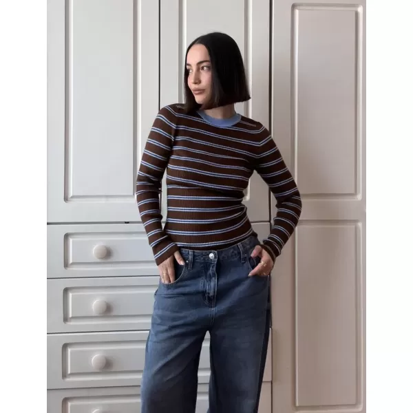 ZESICA Womens Long Sleeve Crewneck Striped Shirts 2024 Fall Sweater Ribbed Knit Slim Fit Basic Casual Tee TopsTaupe