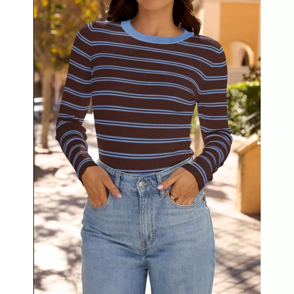 ZESICA Womens Long Sleeve Crewneck Striped Shirts 2024 Fall Sweater Ribbed Knit Slim Fit Basic Casual Tee TopsTaupe