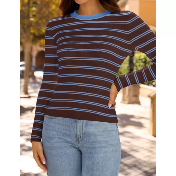 ZESICA Womens Long Sleeve Crewneck Striped Shirts 2024 Fall Sweater Ribbed Knit Slim Fit Basic Casual Tee TopsTaupe