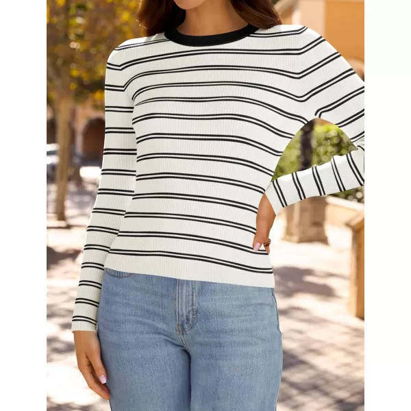 ZESICA Womens Long Sleeve Crewneck Striped Shirts 2024 Fall Sweater Ribbed Knit Slim Fit Basic Casual Tee TopsWhite