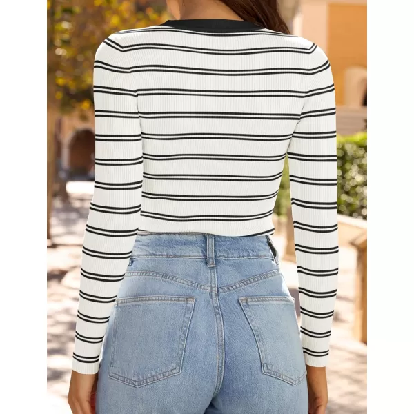 ZESICA Womens Long Sleeve Crewneck Striped Shirts 2024 Fall Sweater Ribbed Knit Slim Fit Basic Casual Tee TopsWhite