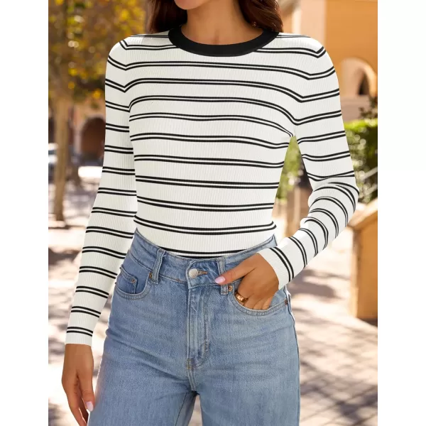 ZESICA Womens Long Sleeve Crewneck Striped Shirts 2024 Fall Sweater Ribbed Knit Slim Fit Basic Casual Tee TopsWhite