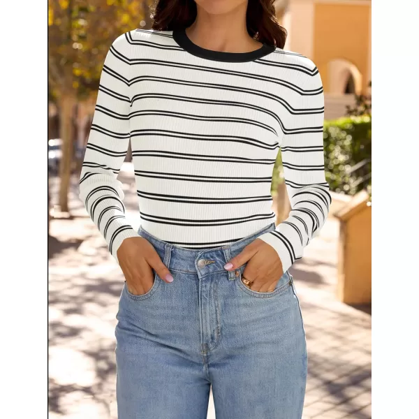 ZESICA Womens Long Sleeve Crewneck Striped Shirts 2024 Fall Sweater Ribbed Knit Slim Fit Basic Casual Tee TopsWhite