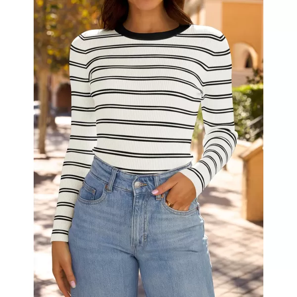 ZESICA Womens Long Sleeve Crewneck Striped Shirts 2024 Fall Sweater Ribbed Knit Slim Fit Basic Casual Tee TopsWhite
