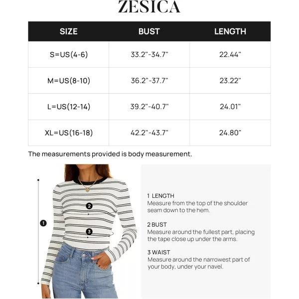 ZESICA Womens Long Sleeve Crewneck Striped Shirts 2024 Fall Sweater Ribbed Knit Slim Fit Basic Casual Tee TopsWhite