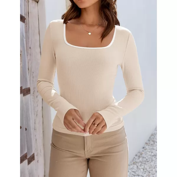 ZESICA Womens Long Sleeve Square Neck Shirts 2024 Fall Knit Tops Slim Fitted Casual Basic TeeApricot