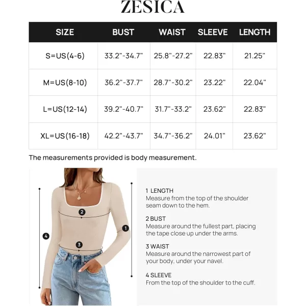 ZESICA Womens Long Sleeve Square Neck Shirts 2024 Fall Knit Tops Slim Fitted Casual Basic TeeApricot