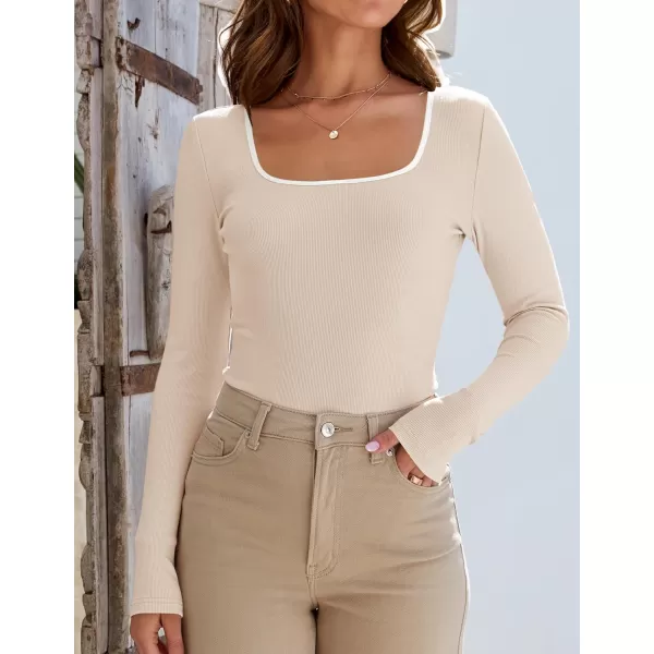 ZESICA Womens Long Sleeve Square Neck Shirts 2024 Fall Knit Tops Slim Fitted Casual Basic TeeApricot