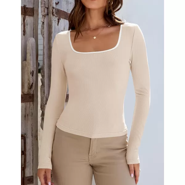 ZESICA Womens Long Sleeve Square Neck Shirts 2024 Fall Knit Tops Slim Fitted Casual Basic TeeApricot