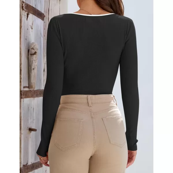 ZESICA Womens Long Sleeve Square Neck Shirts 2024 Fall Knit Tops Slim Fitted Casual Basic TeeBlack