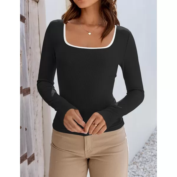 ZESICA Womens Long Sleeve Square Neck Shirts 2024 Fall Knit Tops Slim Fitted Casual Basic TeeBlack