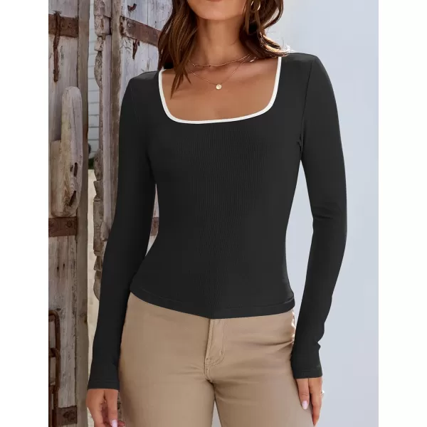 ZESICA Womens Long Sleeve Square Neck Shirts 2024 Fall Knit Tops Slim Fitted Casual Basic TeeBlack