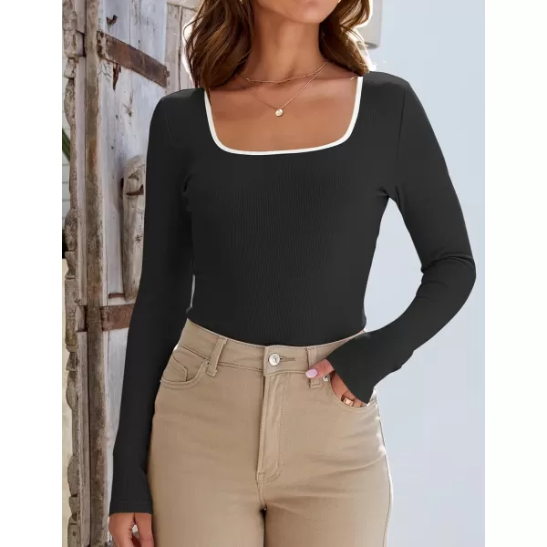 ZESICA Womens Long Sleeve Square Neck Shirts 2024 Fall Knit Tops Slim Fitted Casual Basic TeeBlack
