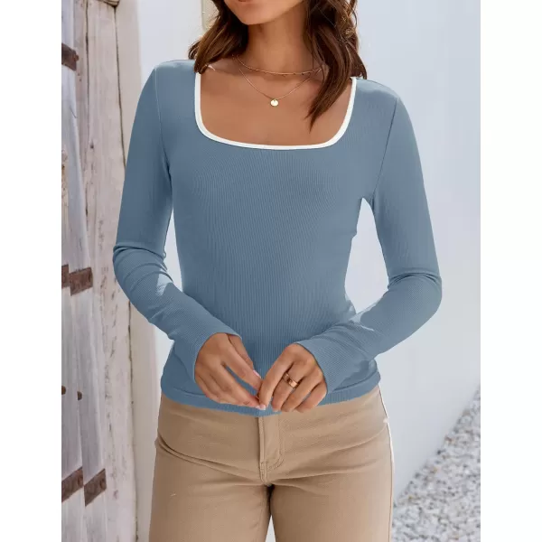 ZESICA Womens Long Sleeve Square Neck Shirts 2024 Fall Knit Tops Slim Fitted Casual Basic TeeHazeblue