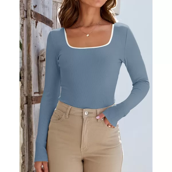 ZESICA Womens Long Sleeve Square Neck Shirts 2024 Fall Knit Tops Slim Fitted Casual Basic TeeHazeblue