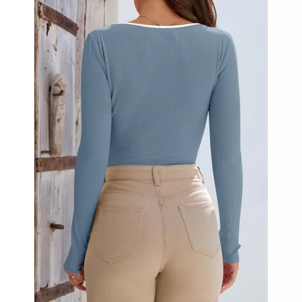 ZESICA Womens Long Sleeve Square Neck Shirts 2024 Fall Knit Tops Slim Fitted Casual Basic TeeHazeblue