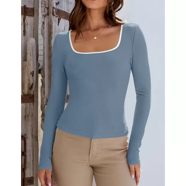ZESICA Womens Long Sleeve Square Neck Shirts 2024 Fall Knit Tops Slim Fitted Casual Basic TeeHazeblue