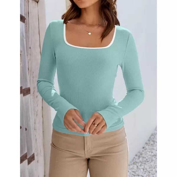 ZESICA Womens Long Sleeve Square Neck Shirts 2024 Fall Knit Tops Slim Fitted Casual Basic TeeMint