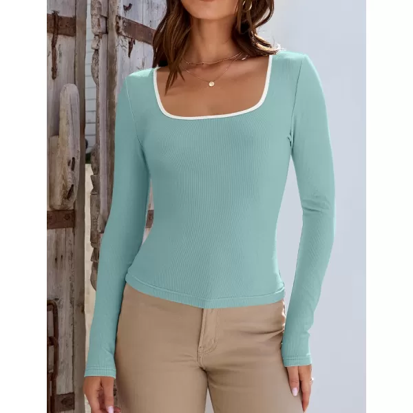 ZESICA Womens Long Sleeve Square Neck Shirts 2024 Fall Knit Tops Slim Fitted Casual Basic TeeMint