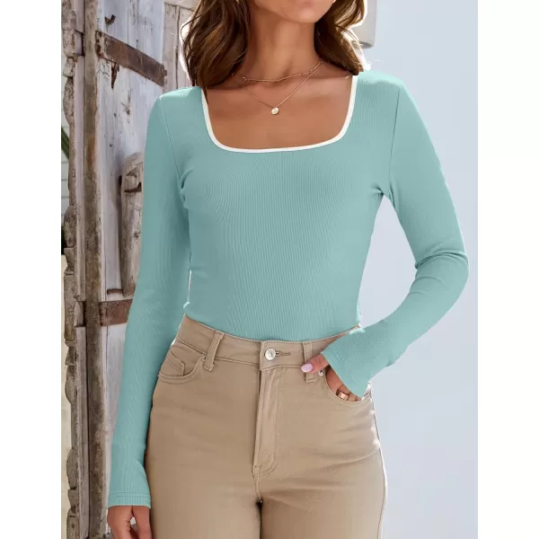 ZESICA Womens Long Sleeve Square Neck Shirts 2024 Fall Knit Tops Slim Fitted Casual Basic TeeMint