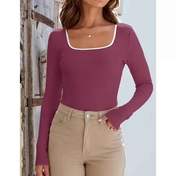 ZESICA Womens Long Sleeve Square Neck Shirts 2024 Fall Knit Tops Slim Fitted Casual Basic TeePlum